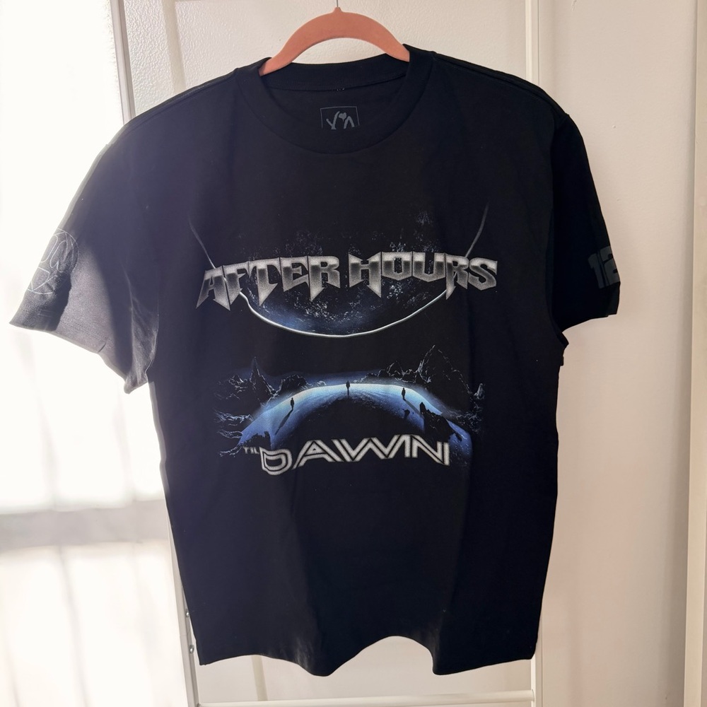 Black Graphic T-Shirt with Blue and White Design